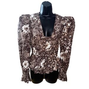 Ulla Johnson Brown Ren 100% Cotton Puff Sleeve Peplum Tie Front Blouse Size 6